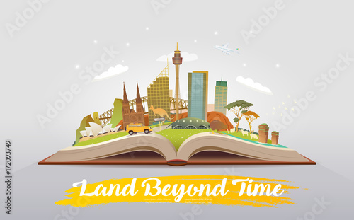Travel to Australia. Open book with landmarks.
