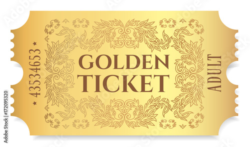 Gold ticket, golden token (tear-off ticket, coupon) isolated on white background. Useful for any festival, party, cinema, event, entertainment show
