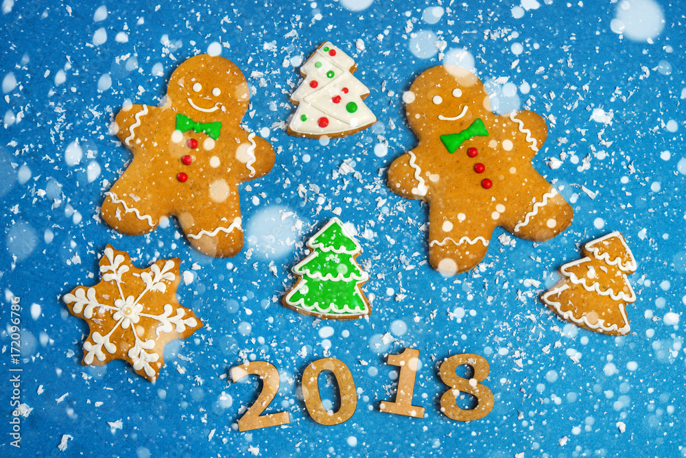 Naklejka premium New Year card Inscription Happy new year 2018 on the background of snow and decor