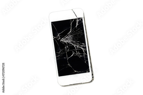 Smartphone with broken screen isolated white background