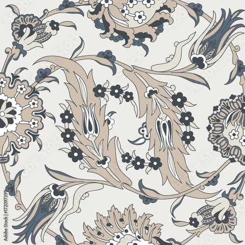 Arabesque vintage decor floral ornate pattern for design template vector. Eastern motif. Painting flowers decoration print. Silver white grey illustration for invitation, wallpaper, wedding, wrapping