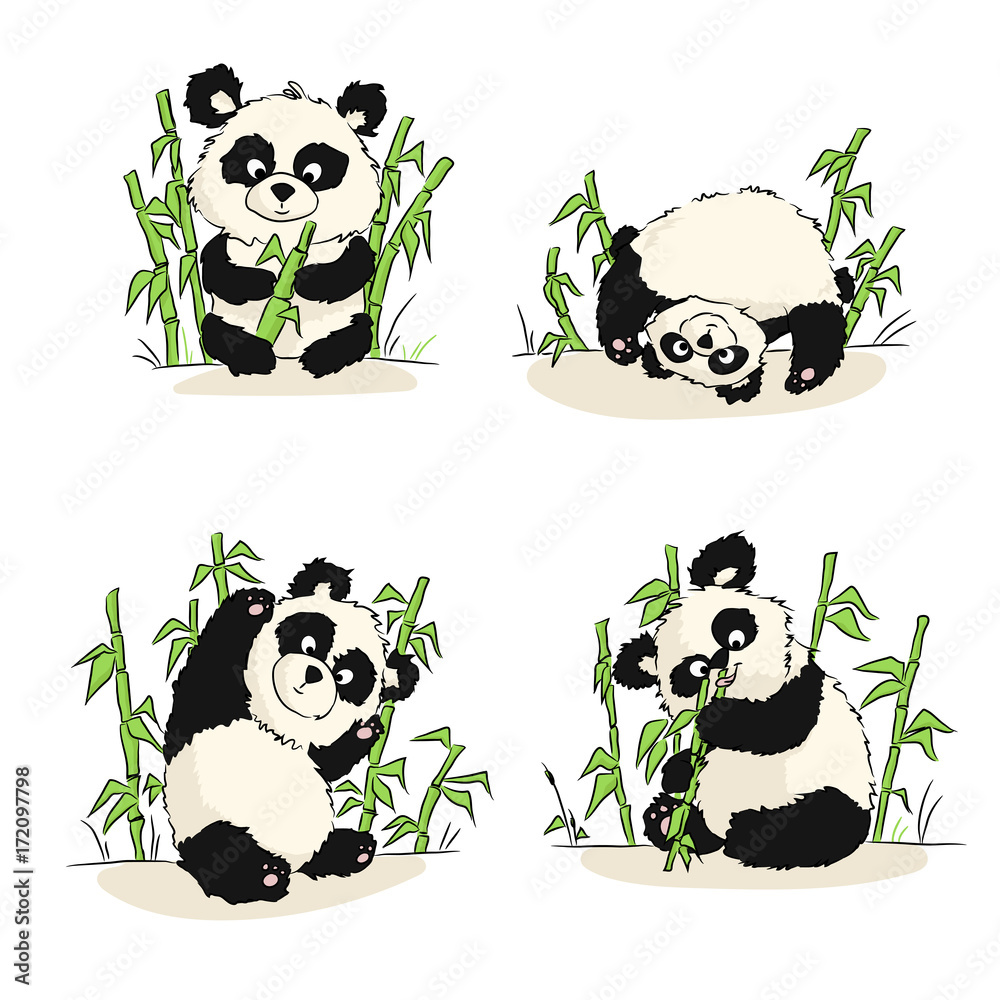 Obraz premium A set of illustrations with a panda cub. Panda sitting, eating, playing. Hand drawing.