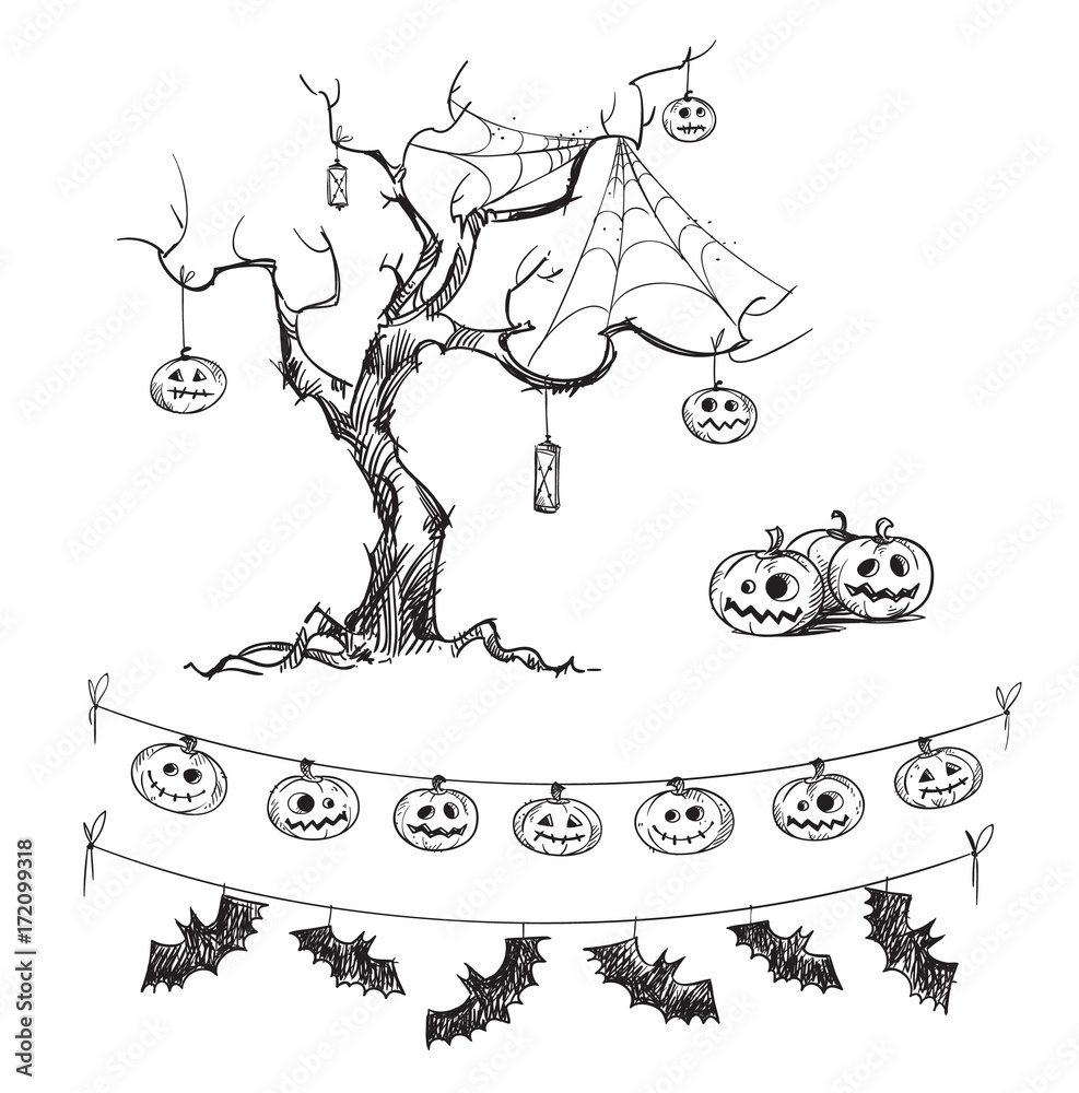 Halloween drawings. Carved pumpkins, lanterns, flags. 