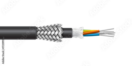 Fiber optic cable with braided armored structure. Vector realistic illustration.