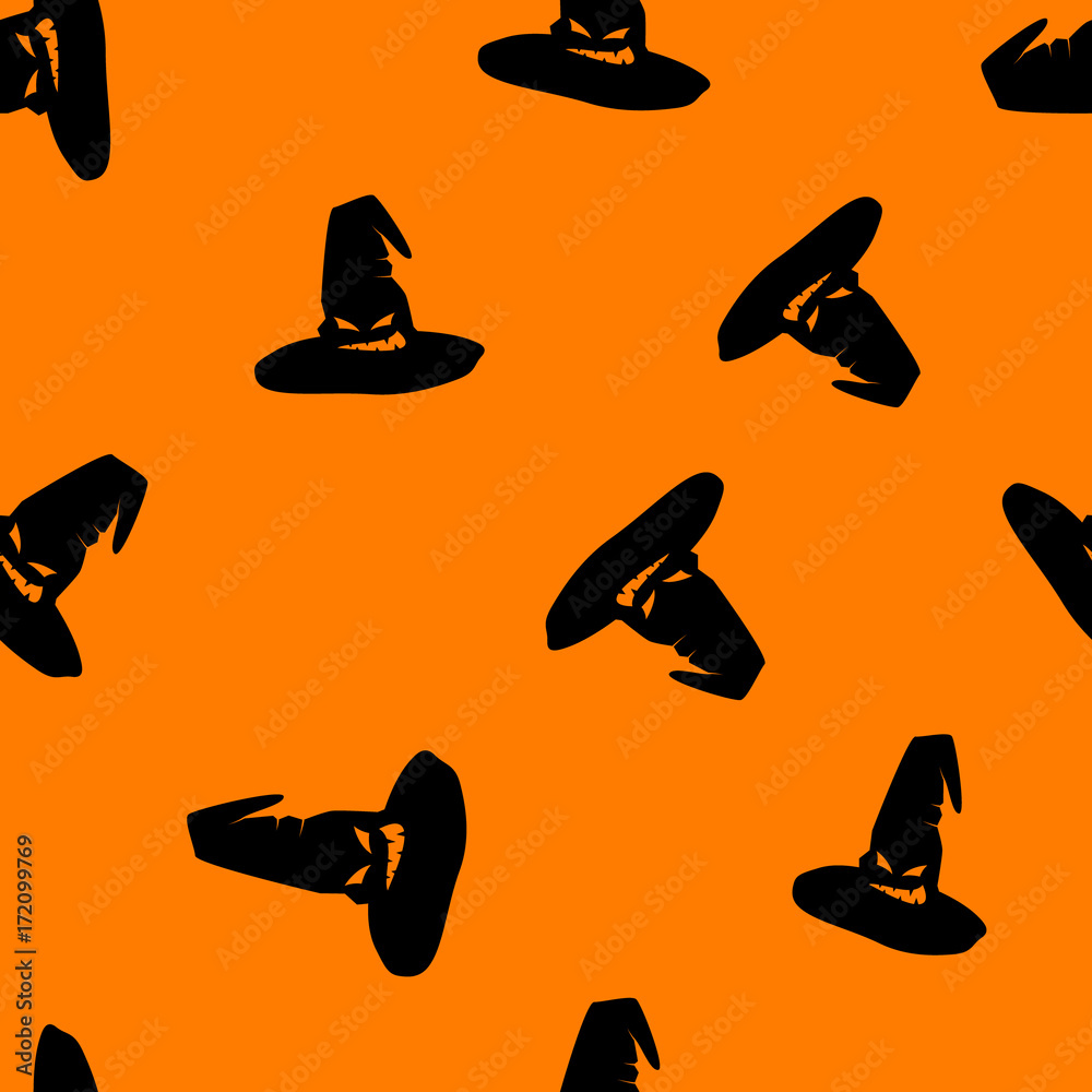 Halloween orange background with angry faces witch hat silhouettes festive seamless pattern. Endless background.