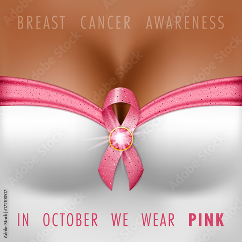Breast cancer awareness month. Silk pink ribbon on the female bust. Vector Illustration