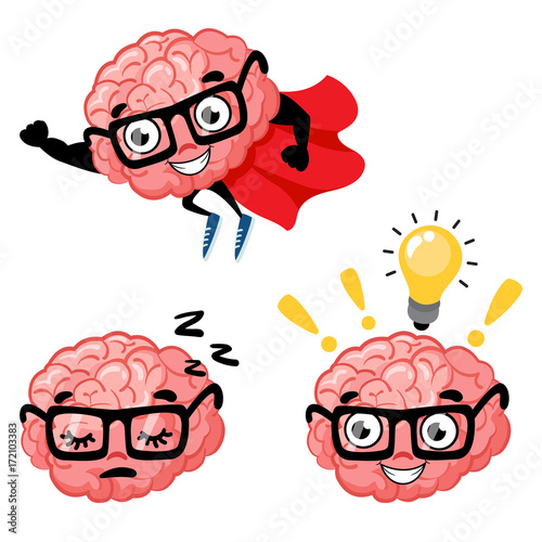 Set of cute cartoon smart brains. Cartoon characters mascot of the brain with glasses, superman brain and sleeping brain. Lightbulb idea concept. Vector illustration isolated on background