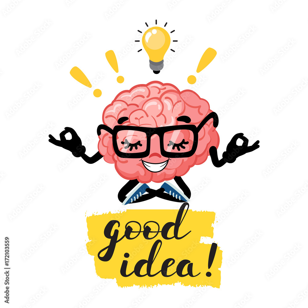 Cute cartoon smart brain with lettering good idea. cartoon character mascot  of the brain with glasses.Lightbulb idea concept. Vector illustration  isolated on background Stock Vector