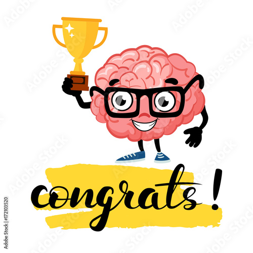 Cute cartoon smart brain with lettering congrats. Cartoon character mascot of the brain with glasses and gold cup.Lightbulb idea concept. Vector illustration isolated on
