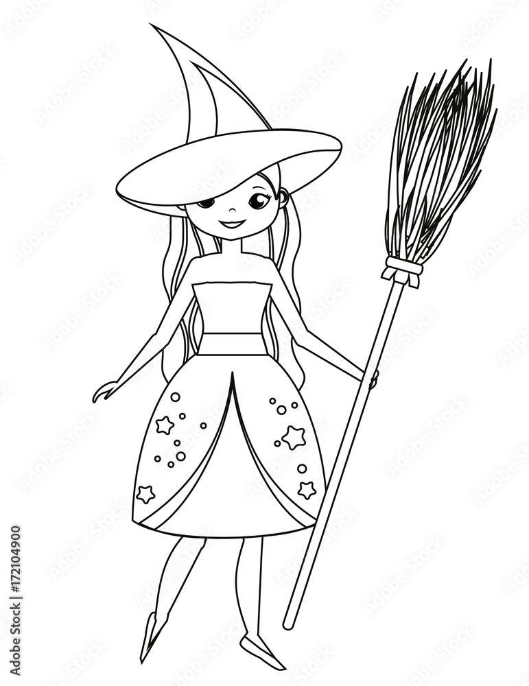 Coloring page for children. Cute witch holding broom. Girl in Halloween  costume. Drawing kids activity. Printable fun Stock Vector | Adobe Stock