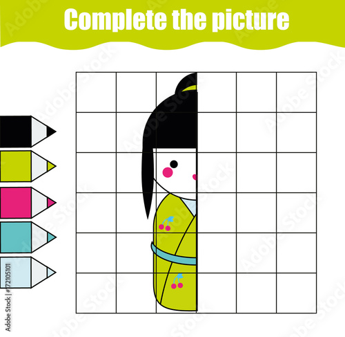 Complete the picture educational children game. Printable toddlers, kids activity sheet with kokeshi doll