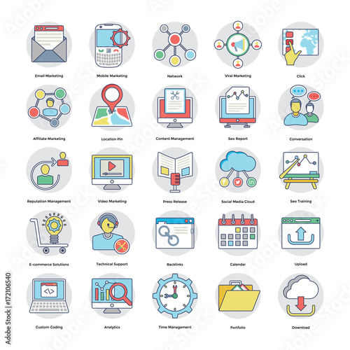 Digital and Internet Marketing Flat Circular Icons Set 6