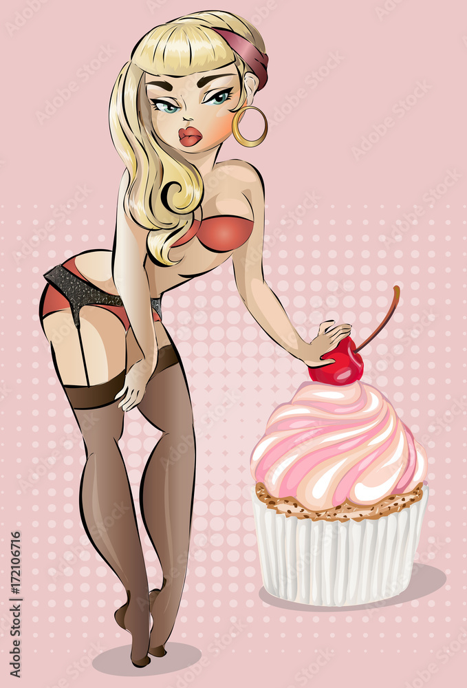 Pin up style cartoon character sexy woman wearing erotic underwear is  stainding near big cupcake with cherry vector illustration Stock ベクター |  Adobe Stock