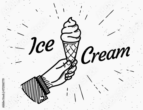 Ice cream retro delicious symbol icon with hipster starburst and text. Retro fashioned illustration of human hand holds ice cream cone with handwritten lettering text on grunge textured background