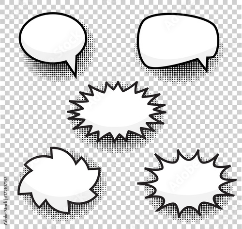 Bubbles comic style vector duddle illustration. Cartoon explosion, speach isolated on transparent background. Tag icons, spech bubble in pop art