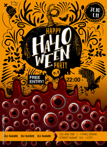 Happy Halloween party poster with blood, looking eyes, stylish lettering and doodle disign. Holiday hand drawn vector illustrtaion. Vertical banner.