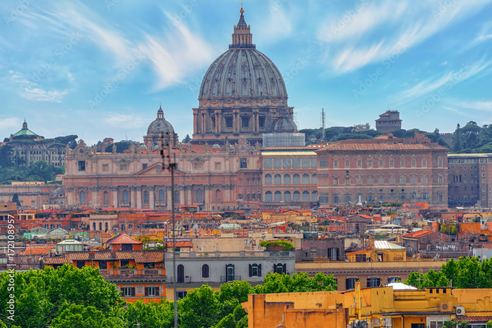 View of the city of Rome from above, from the hill of Terrazza del Pincio.Basilica di San Pietro. Italy.