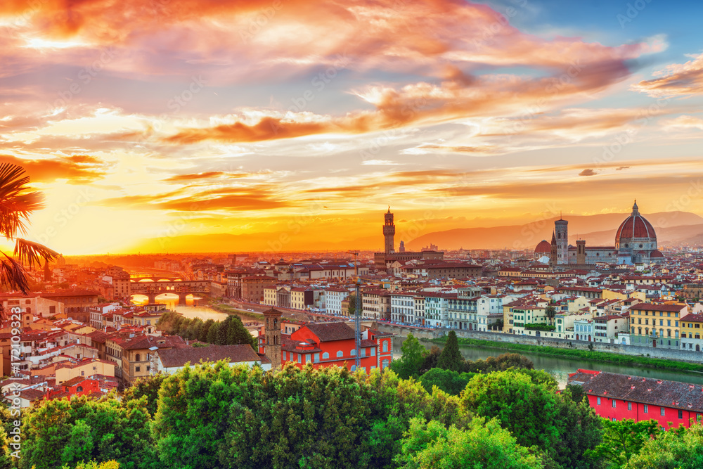 Beautiful landscape above, panorama on historical view of the Florence from  Piazzale Michelangelo point. Italy.
