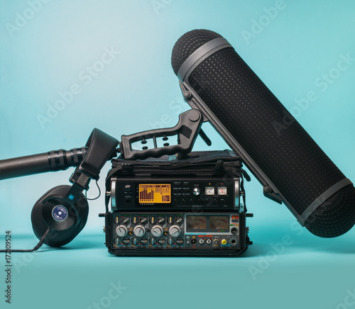 equipment for field audio recording on blue background