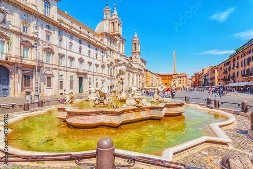 Piazza Navona is a square in Rome, Italy. It is built on the site of the Stadium of Domitian, built in 1st century AD. Fountain of the Moor(Fontana del Moro).Italy.