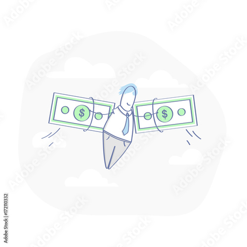 Businessman in a suit with wings made of money