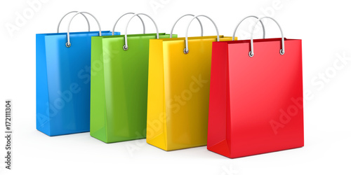 Sale, shopping, online commerce concept - Color paper shopping bags isolated on white. 3d illustration