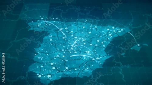 This animated blue Spain map with connections between important centers of cities or other indicators. Perfect For: hi-tech promotion, dynamic slideshows,, trailers, sci-fi openers and etc.