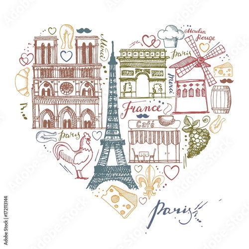 The sketches about France and Paris in the shape of a heart