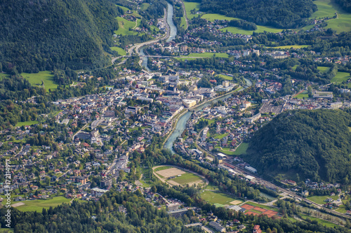 Aerial view over town of Bad Ischl from Katrin Mountain with Traun river © mrpluck