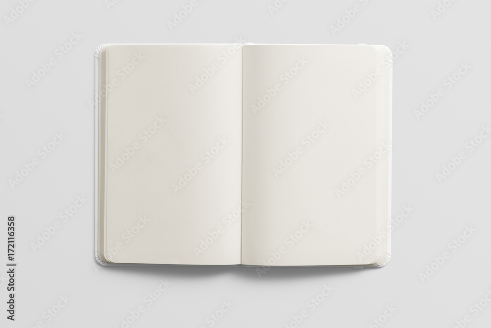 Blank photorealistic notebook mockup on light grey background.  - obrazy, fototapety, plakaty 