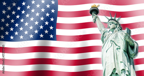 The Statue of Liberty, Landmarks of New York City with Flag of the United States background