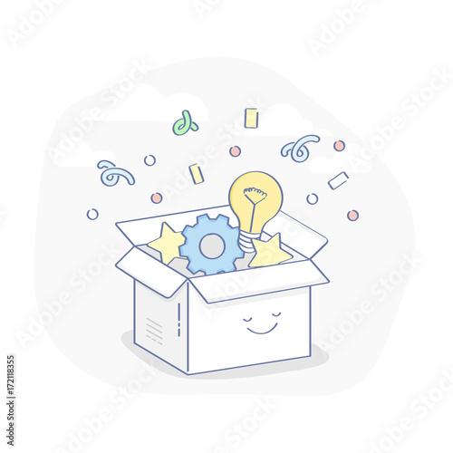 Think outside the box or new Idea Generation. Cute cartoon smiley open box with Confetti, Gear and Light Bulb. Flat line isolated vector, UX / UI element for web and mobile design.