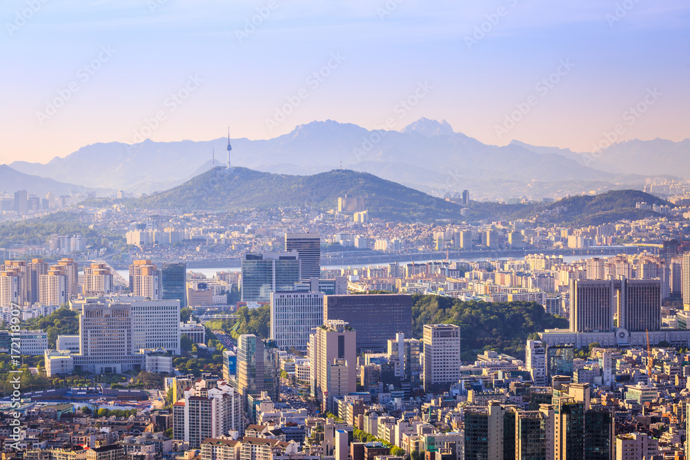 Seoul city and Downtown skyline in aerial, South Korea