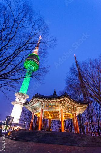 Canvas Print Namsan Tower  at Night or seoul tower and pavilion traditional architecture of Korea on february 15, 2015 in seoul,south korea