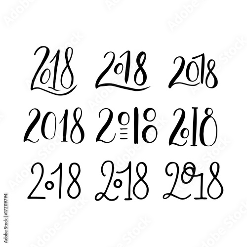 Handdrawn brush lettering set with numbers 2018. 