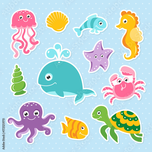 Ocean set with cute sea animals octopus turtle whale seahorse