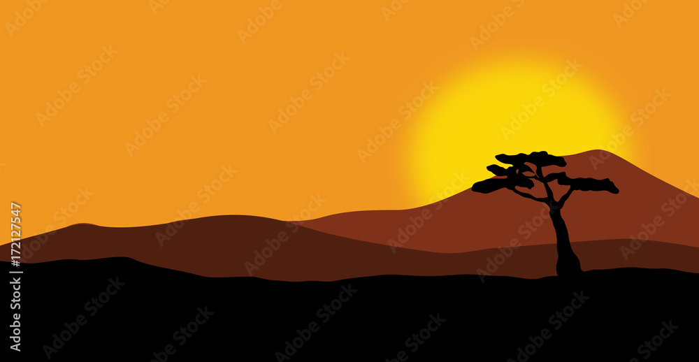 Vector illustration view of Africa safari  landscape with  sunset background