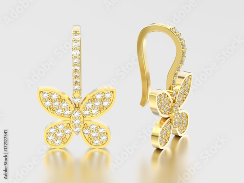 3D illustration two yellow gold decorative diamond butterfly earrings with reflection and shadow