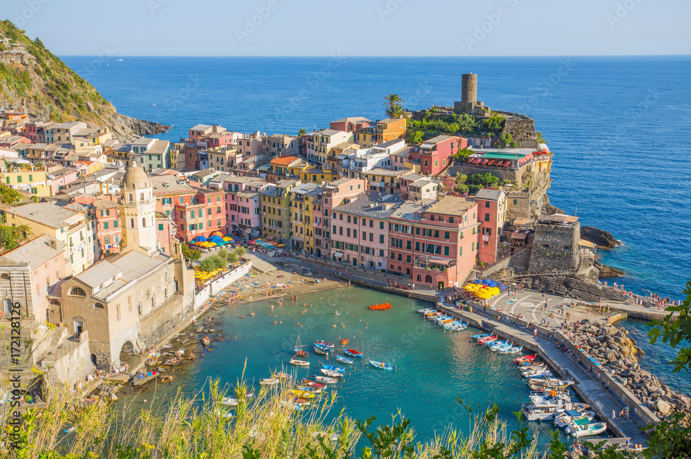 VERNAZZA, ITALY, JULY 31, 2017 - Panoramic view of Vernazza, 5 Terre, La Spezia province, Ligurian coast, Italy.