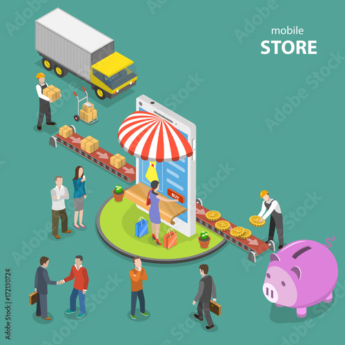 Mobile store flat isometric low poly vector concept.
