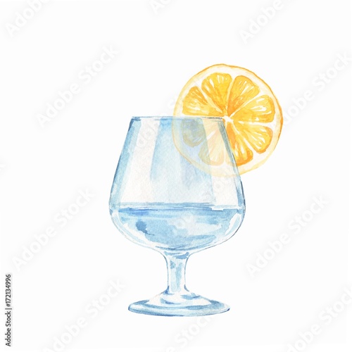 Glass with water and lemon. Watercolor illustration, isolated on white