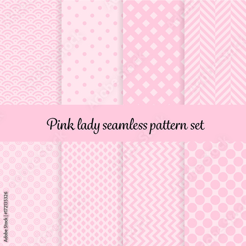 Romantic pink theme with hearts and other shapes. Seamless vector pattern background set.