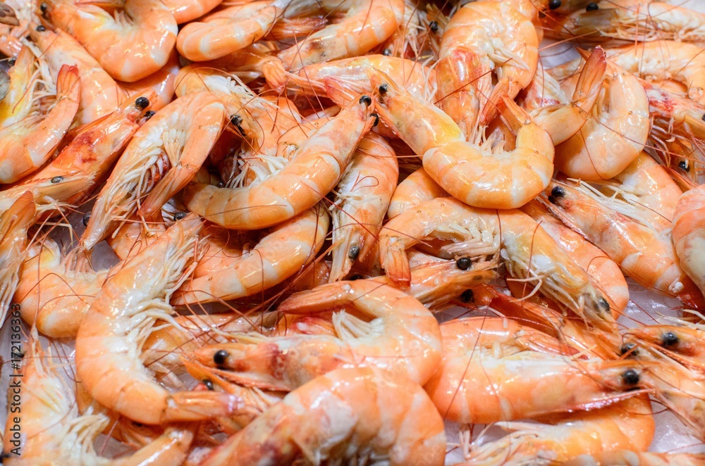 Shrimps on display at a fish market in barcelona, spain