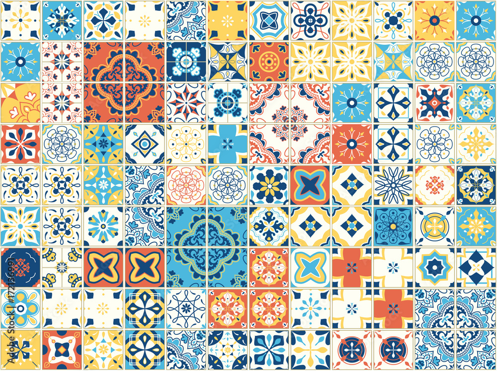 Fototapeta Seamless pattern with portuguese tiles. Vector illustration of Azulejo on white background. Mediterranean style. Multicolor design.