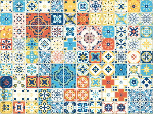 Seamless pattern with portuguese tiles. Vector illustration of Azulejo on white background. Mediterranean style. Multicolor design. photo