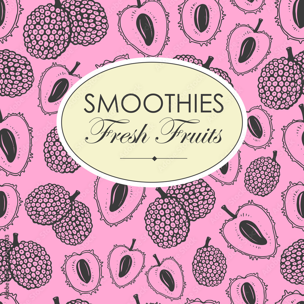 Seamless nature pattern with sketch of fruit. Pink vector background with lychee. Tropical food. Seamless nature pattern with sketch of fruit. Pink vector background with lychee. Tropical food.