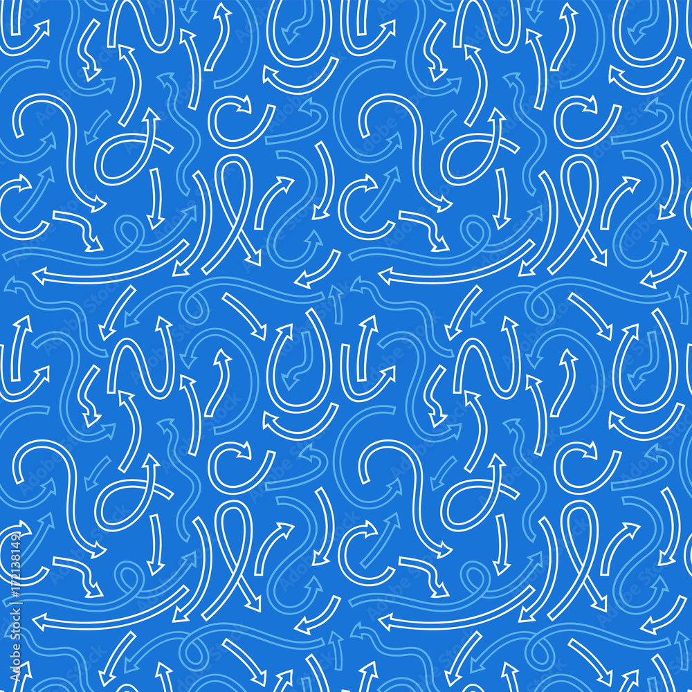 Seamless pattern with different curved arrows. Vector illustration on blue background.