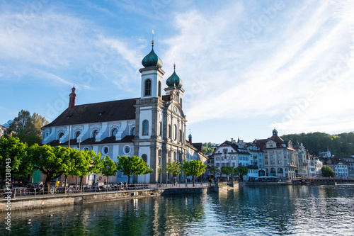 May 6, 2017 - Lucerne, Switzerland: Jesuitenkirche or Jesuit Church, the first large Baroque Catholic church in Switzerland north of the alps. It locates near Reuss river and Kapellbrucke.
