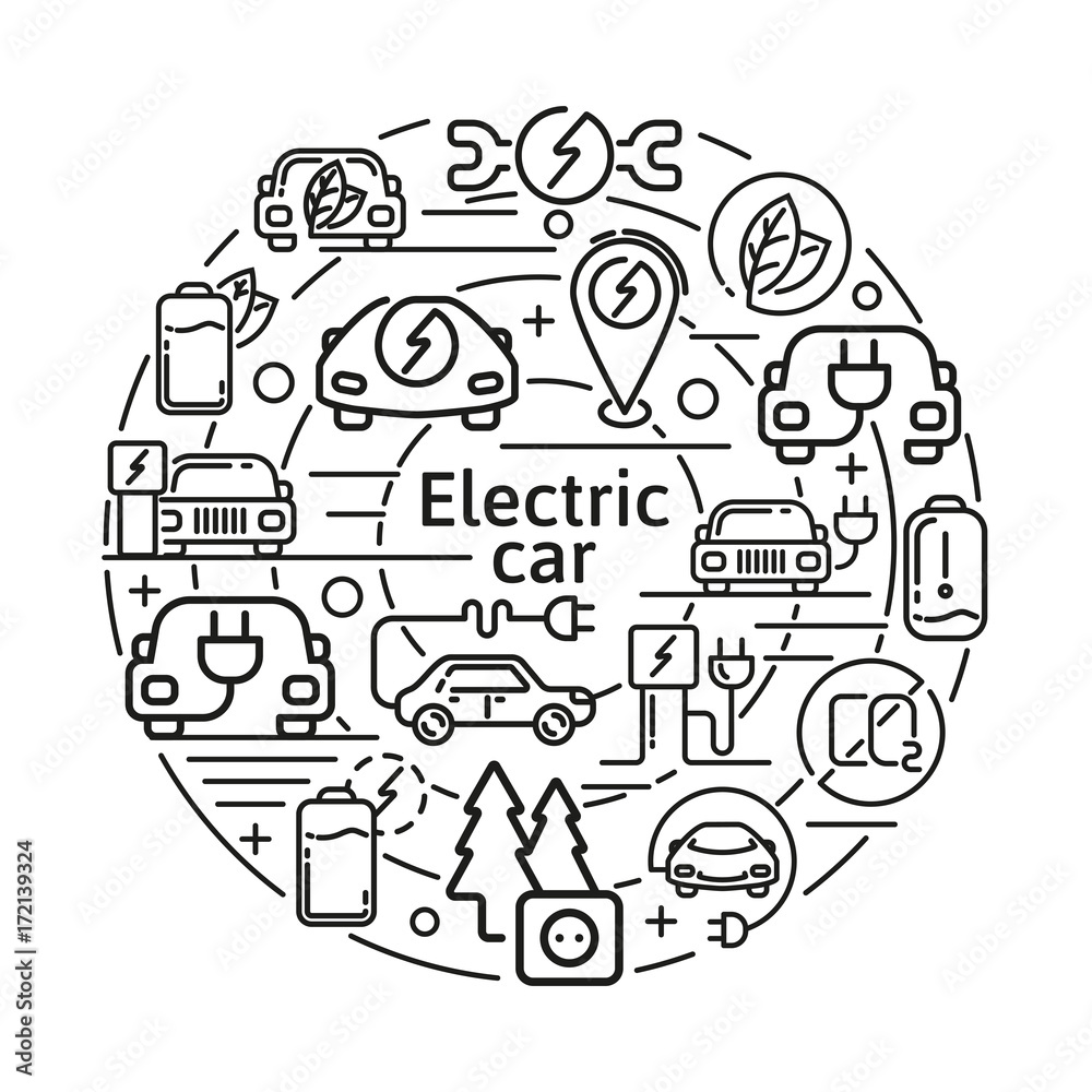 Electric car linear vector icons concept. Eco energy elements in thin line design. Charging and service station signs set