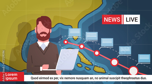 Woman Reporter Leading Life News About Hurricane Weather Broadcast Storm Or Tornado Image Coming To Usa Coast Concept Vector Illustration